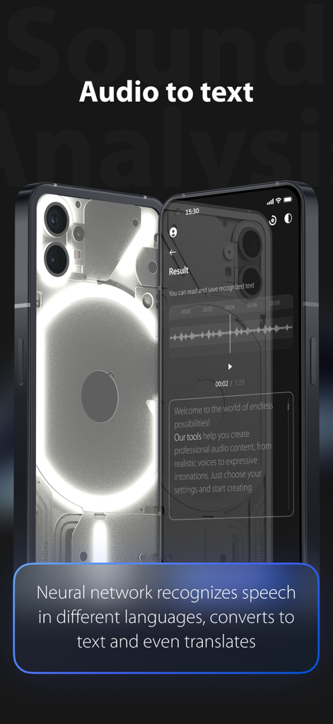 Audiofy - AI Music Editor - Audiofy app interface showing AI speech to text transcription and translation features.