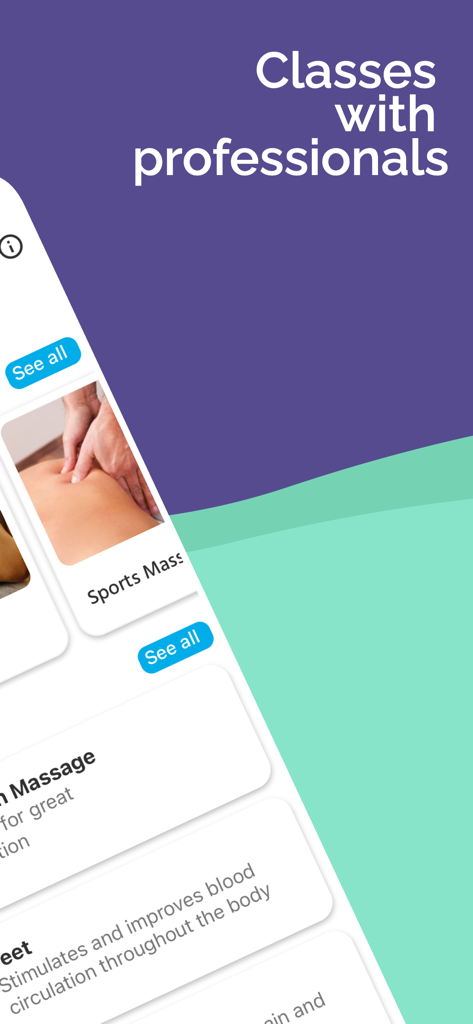 Massage: Lessons & Techniques - Interfaz de la aplicación mostrando clases de masaje en video con profesionales y diferentes técnicas como masaje deportivo.