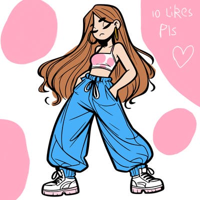 girl in baggy pants crop top and long hair