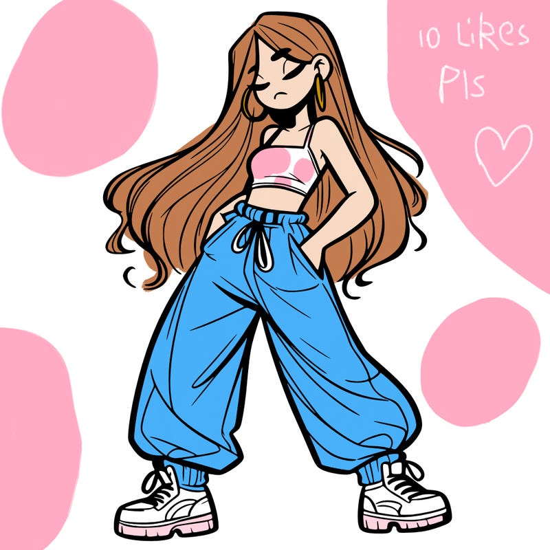 girl in baggy pants crop top and long hair