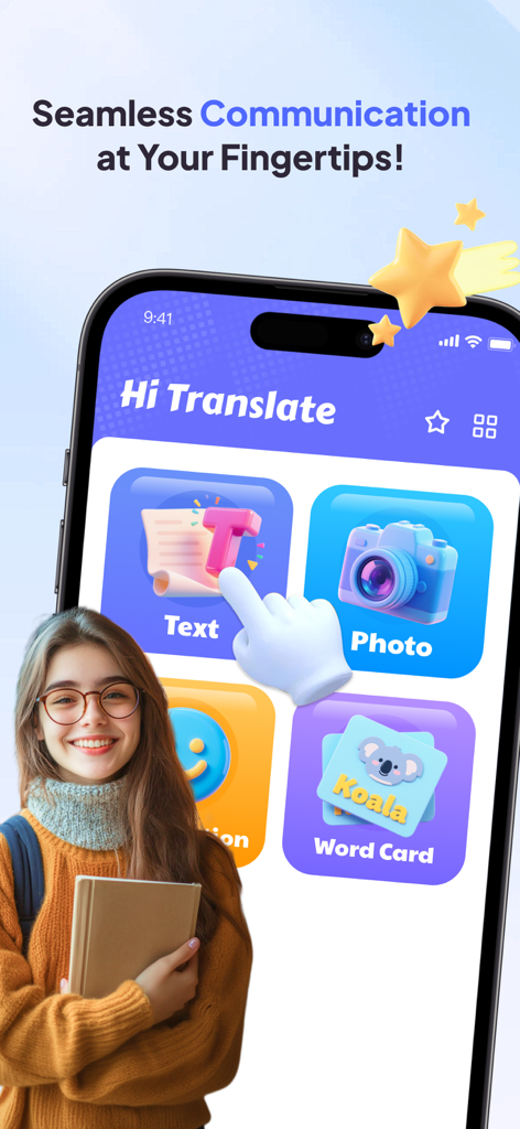 Hi Translate AI - Hi Translate AI app interface showing text photo and conversation translation options with a smiling young woman
