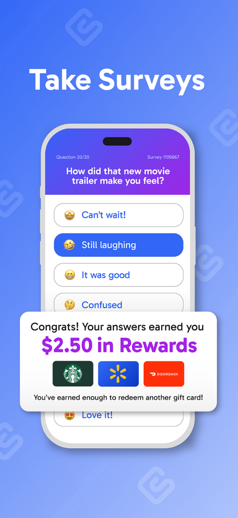 Swagbucks app interface showing a survey question about a movie trailer and a notification for earning rewards toward gift cards