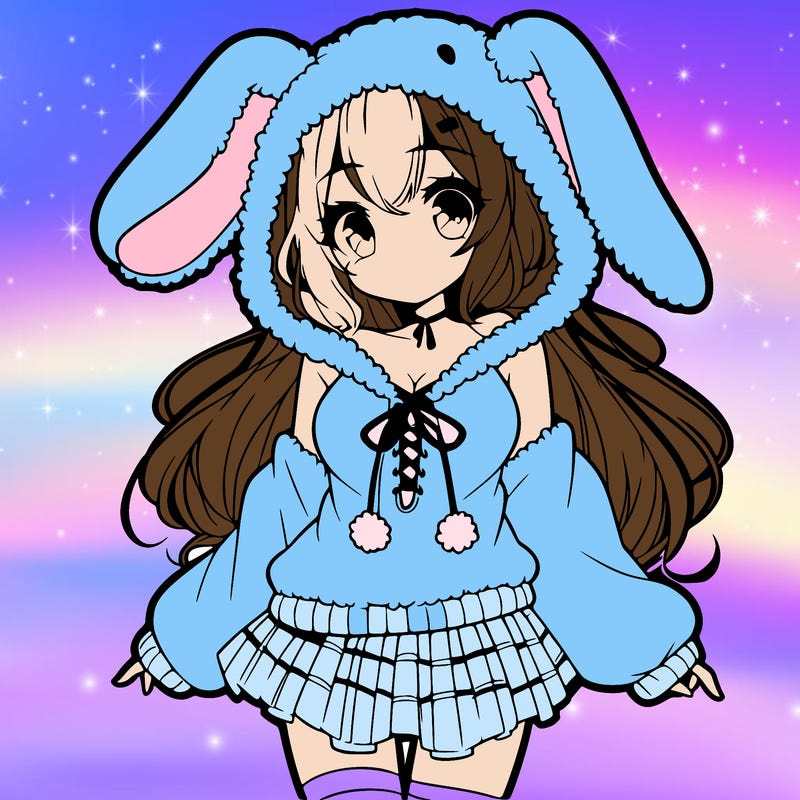 pretty anime girl wearing a fluffy hoodie with bunny ears on the hood and a skirt