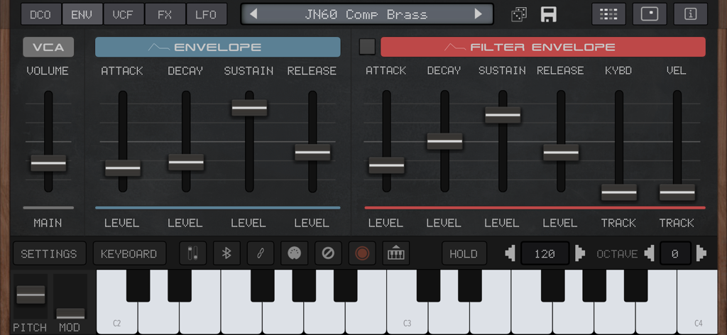 Interface of AudioKit Synth One J6 showing envelope and filter envelope sliders above a virtual keyboard.