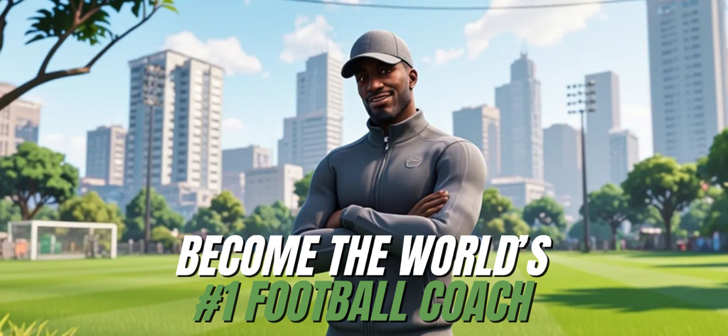 Astonishing Eleven - Soccer GM - A soccer coach character on a football field in front of a city skyline with the text Become the world number 1 football coach