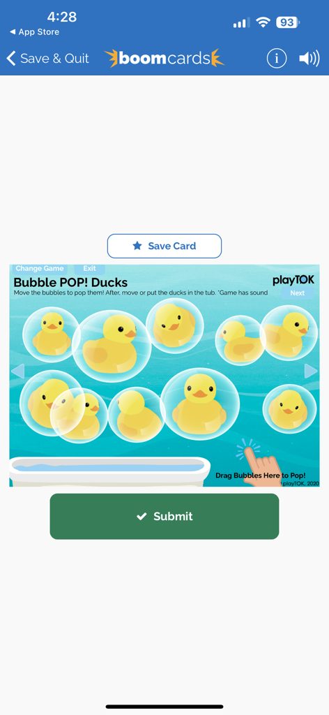 Boom Cards - An interactive digital learning activity on Boom Cards where students pop bubbles to interact with yellow ducks.