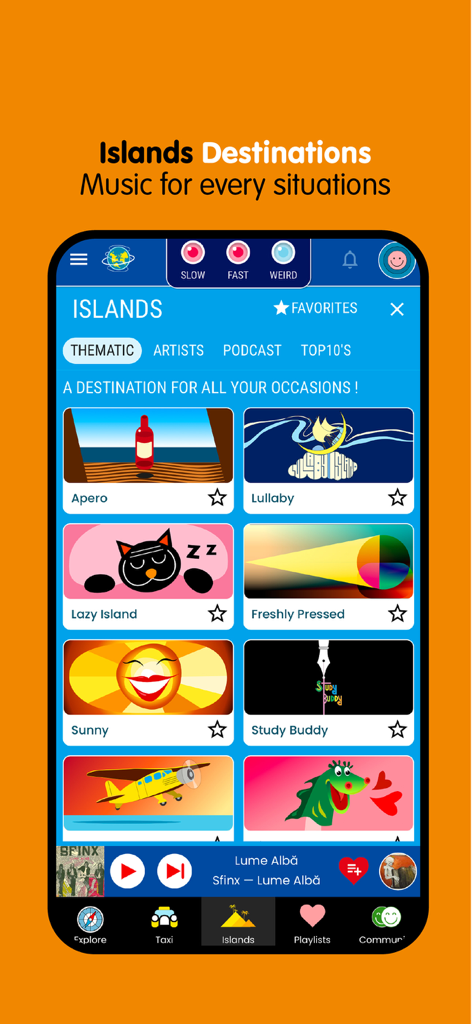 Radiooooo - Radiooooo app interface showing thematic music island destinations for various occasions