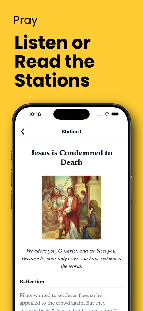 Un écran d'application mobile montrant la première station de la croix Jésus est condamné à mort avec une illustration dévotionnelle