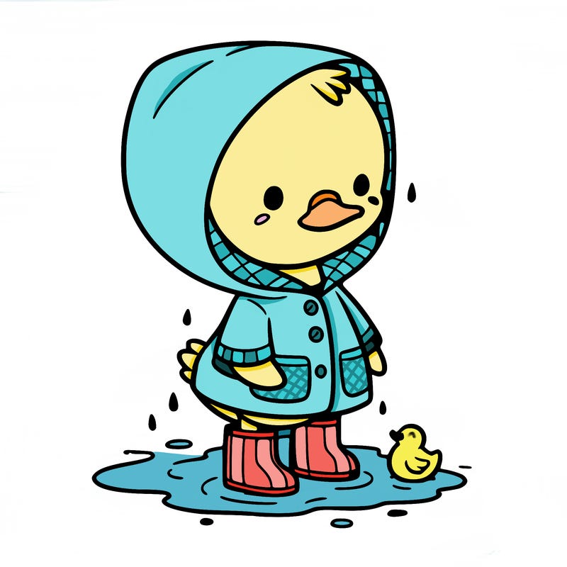 baby duck in a rain coat and boots, in a puddle while it’s raining