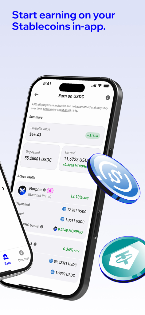 Trust: Crypto & Bitcoin Wallet - Tela de smartphone mostrando a interface do aplicativo Trust Wallet para ganhar recompensas na stablecoin USDC