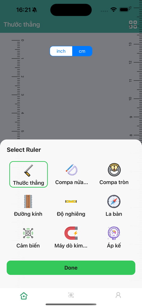 ToolX: Pocket Measure Ultimate - Interface of ToolX showing a selection menu for digital utility tools including ruler level compass and metal detector
