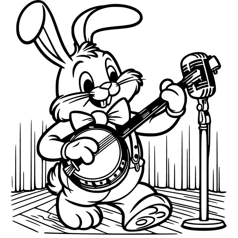 rabbit animatronic performing on stage with a bow tie and a banjo in his hand