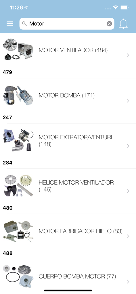 Search results for motor categories in the REMLE appliance repair parts app