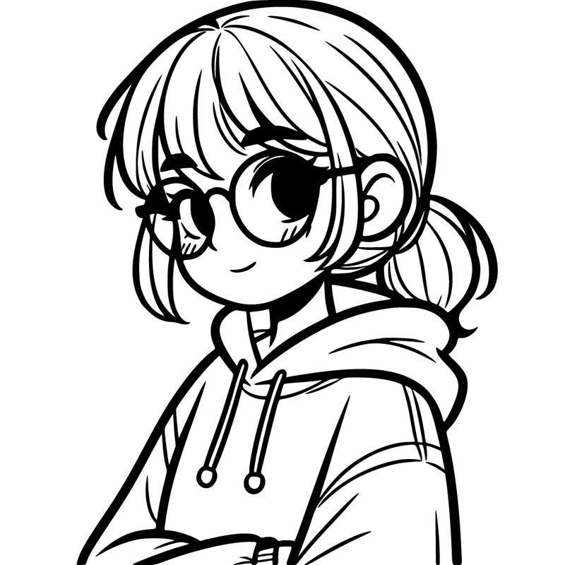 girl with short hair in a low ponytail and a hoodie and glasses
