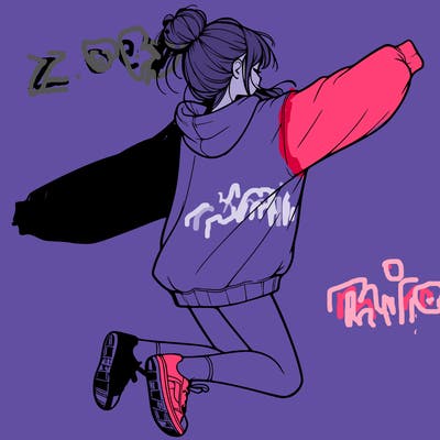 realistic girl jumping with a bun and oversized sweatshirt