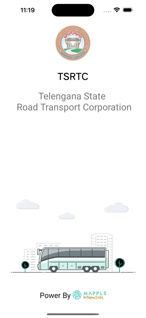 TGSRTC Gamyam - TGSRTC Gamyam app splash screen with TSRTC logo and bus illustration