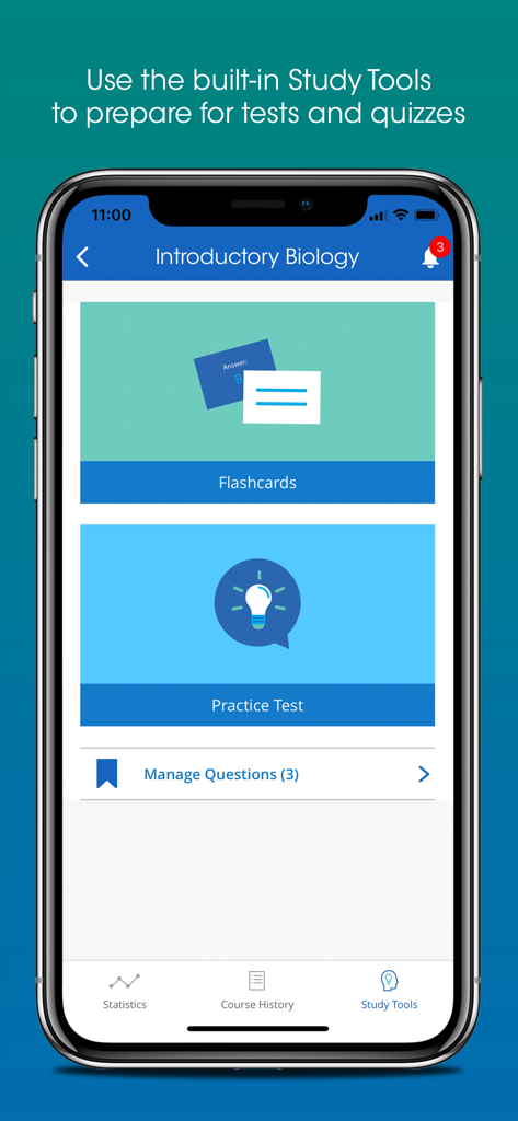 Pantalla de herramientas de estudio de la aplicación iClicker Student con tarjetas de memoria y pruebas de práctica para biología introductoria