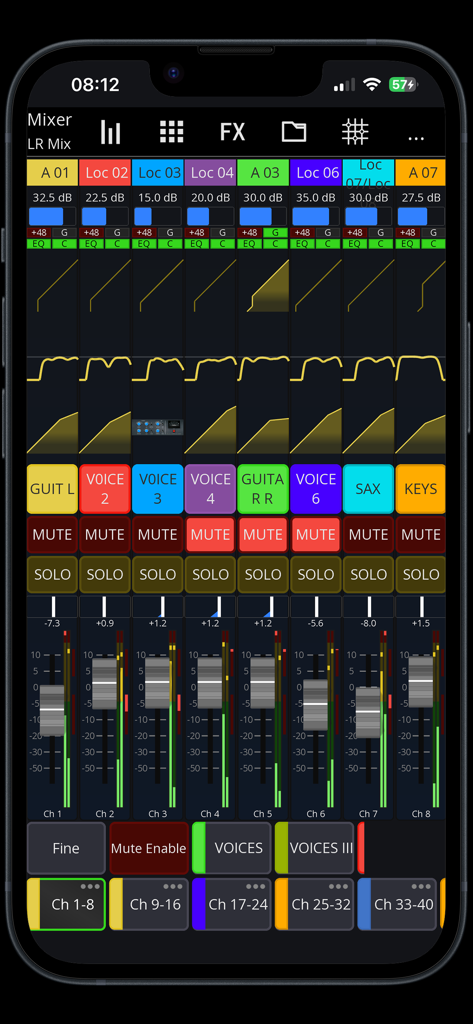 Mixing Station app interface showing digital audio mixer channels and faders