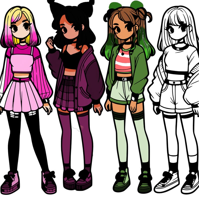 one girl with crop-top shirt and a jacket with a skirt, long socks and another girl with a shirt and pants with a jacket