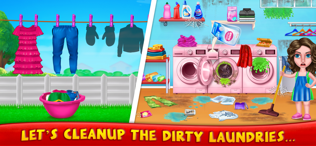 Messy House Cleaning Games - Uma garota em uma lavanderia bagunçada com água derramada e máquinas de lavar sujas, pronta para arrumar a roupa.