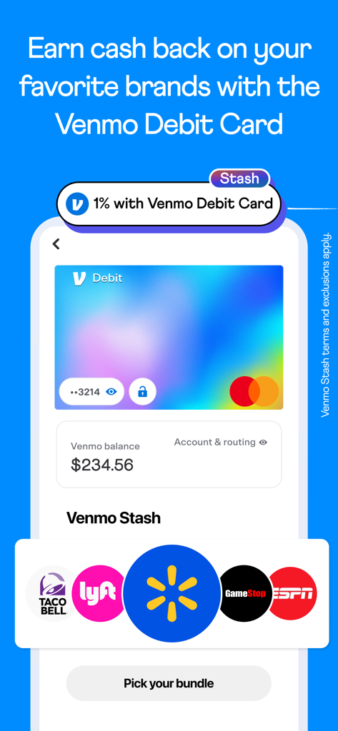 Venmo app screen showing the debit card and cashback rewards program with brand logos like Walmart and Lyft