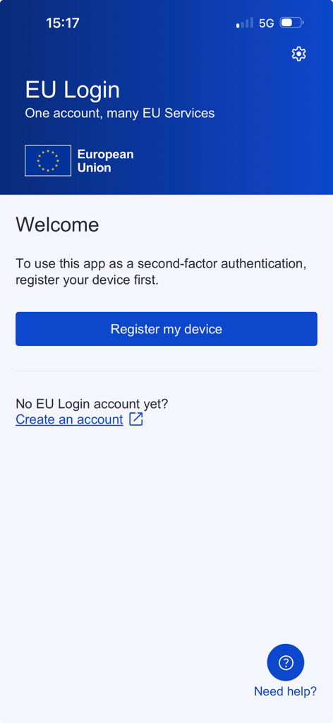 EU Login - EU Login app welcome screen showing the option to register a device for second factor authentication