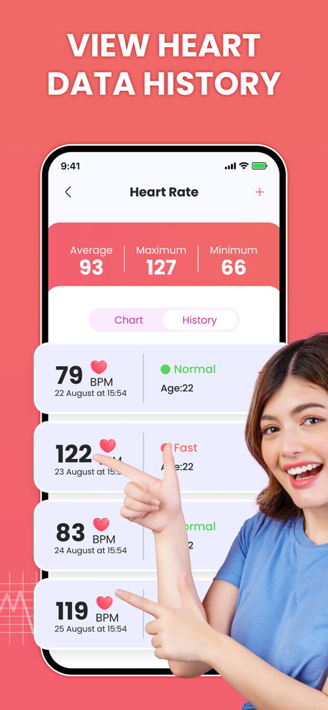 Smartphone interface displaying heart rate data history with BPM logs and status indicators