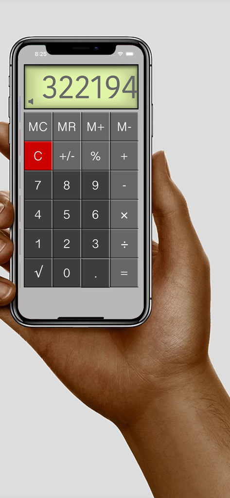 Calculator⁻ - A hand holding an iPhone showing a simple and clear calculator interface with a large display area and grey buttons.