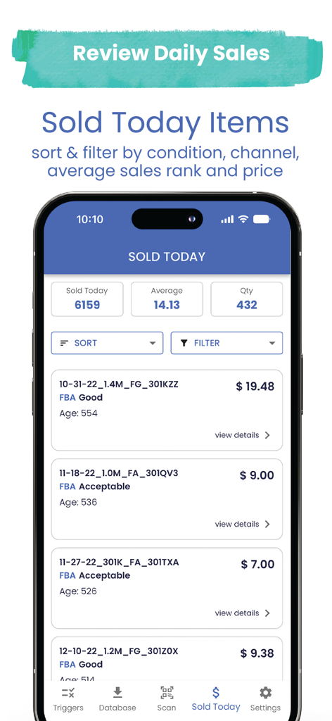 Bookzy App - Bookzy app screen showing a summary of items sold today with price and condition details