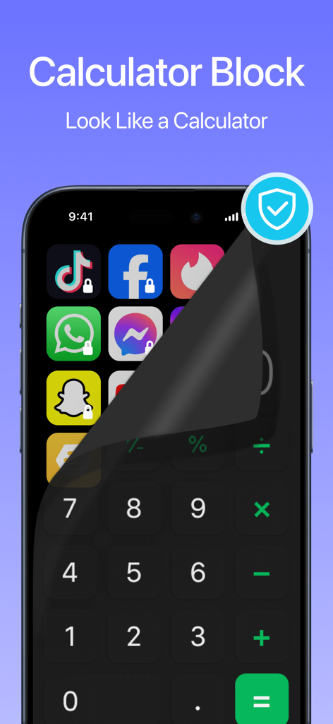 Calculator AppLock - Lock Apps - Una pantalla de teléfono inteligente que muestra una interfaz de calculadora que revela aplicaciones ocultas y bloqueadas de redes sociales.