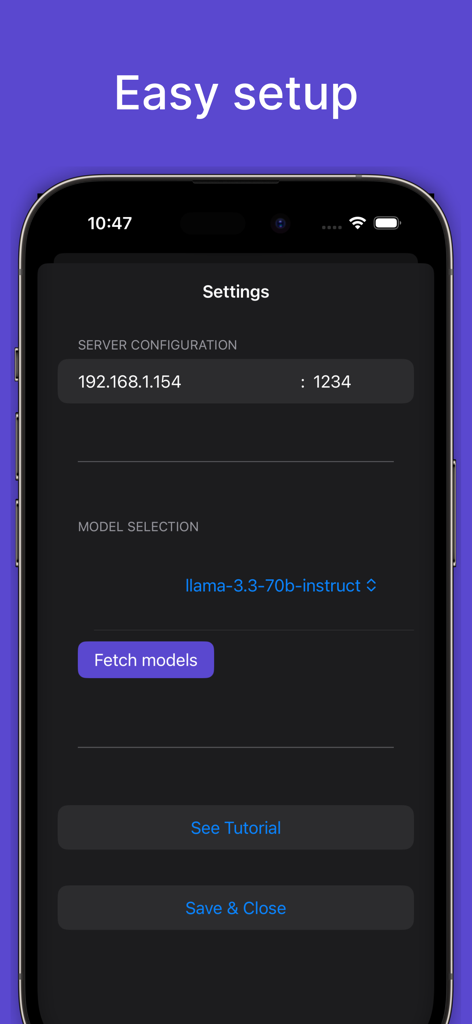 LLM Local Client - The server configuration screen of the LLM Local Client app showing fields for IP address, port number, and local model selection.