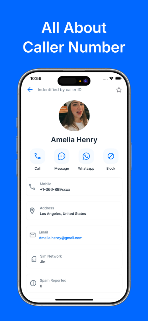 Caller ID - Spam Call Blocker - 프로필 사진, 위치, 연락처 옵션이 포함된 상세 발신자 식별을 보여주는 스마트폰 화면
