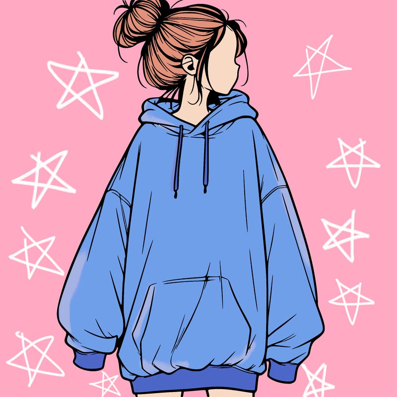 realistic girl with a oversized sweatshirt on and a bun