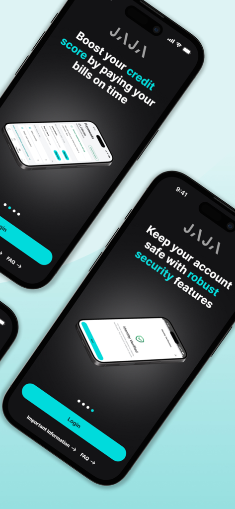 Jaja Credit Card - Deux écrans de téléphone mobile mettant en évidence les fonctionnalités de la carte de crédit Jaja telles que l'amélioration du score de crédit et une sécurité robuste