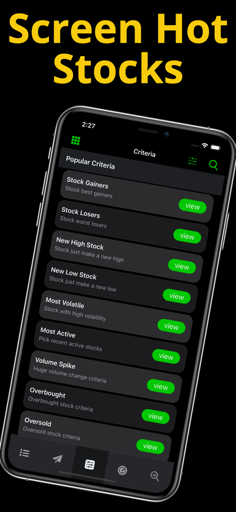 Stock Signals-Screener & Alert - Mobile app interface showing popular stock screening criteria including stock gainers and volume spikes