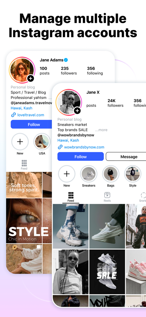 Interface montrant la gestion de plusieurs profils Instagram pour une planification cohérente du fil d'actualité