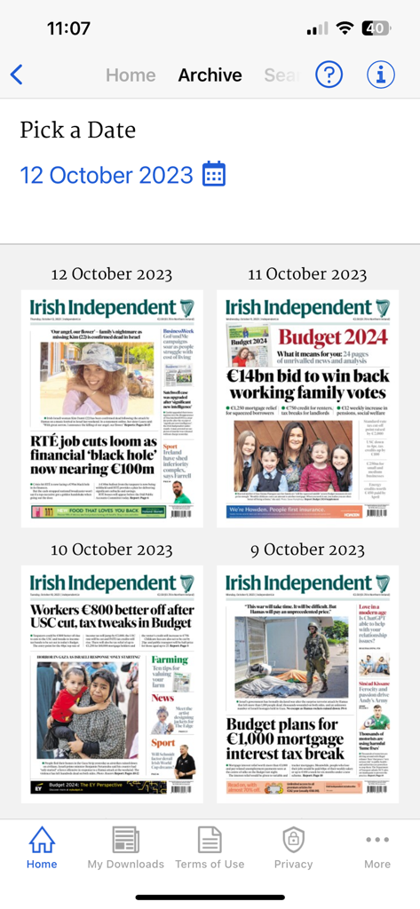 Irish Independent ePapers - Digital archive section of the Irish Independent ePapers app featuring past newspaper editions and a date picker tool.
