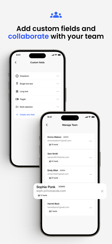 Business Card Scanner by Covve - Screens showing custom field configuration and team lead management in the Covve app.