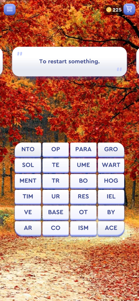 Una pantalla de juego de puzzle de palabras con fichas de letras sobre un hermoso fondo de bosque de otoño