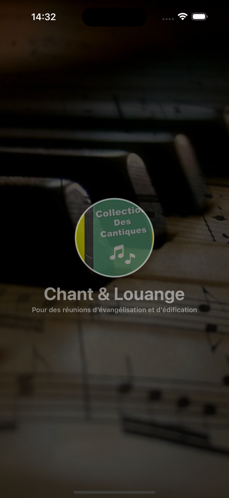 Songs of praise - Tela de apresentação do aplicativo Chant and Louange com fundo de piano e partitura.