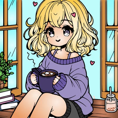 cute anime girl reading book and drinking hot chocolate from mug with loose wavy hair wearing a baggy sweatshirt and shorts sitting by windowsill looking out