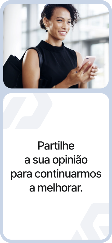 A professional business woman using her smartphone with a prompt to share feedback for the Caixadirecta Empresas banking app