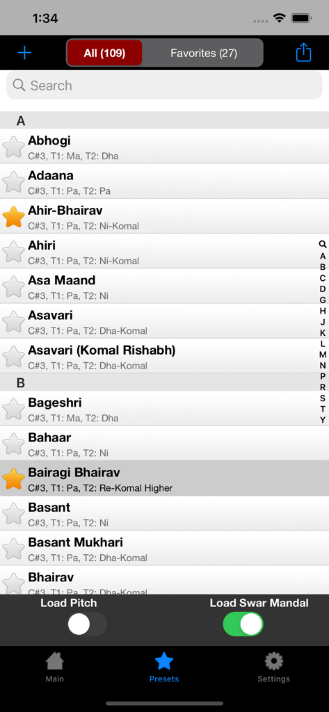 iTanpura Lite - Una lista de ajustes preestablecidos de Raag en la aplicación iTanpura Lite para la práctica de música clásica india