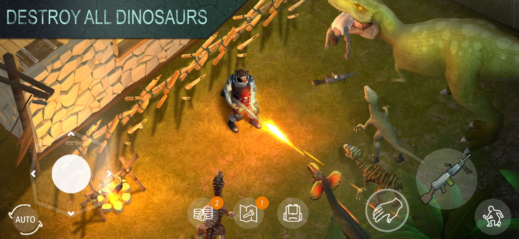 Jurassic Survival - Un personnage joueur tirant sur des dinosaures avec une mitrailleuse pour défendre une base dans Jurassic Survival.