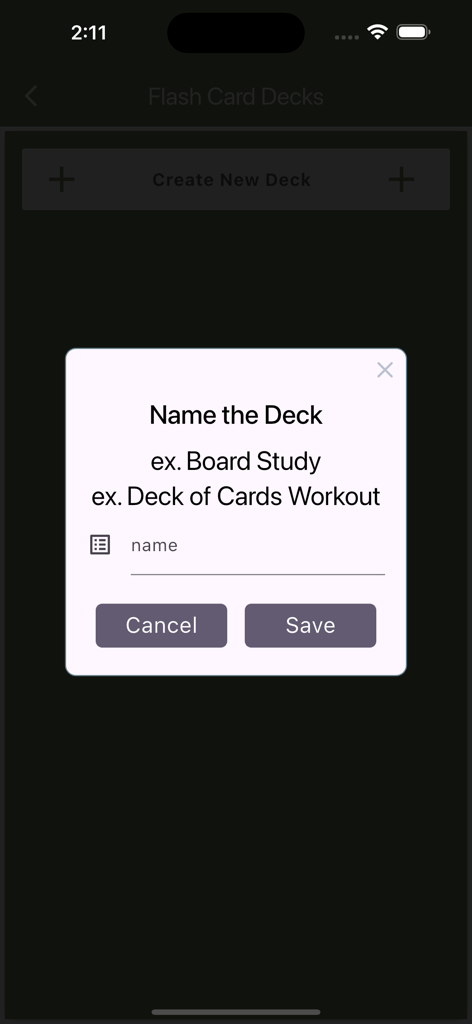Army Leader Smart Cards - Interface for creating and naming a custom flashcard deck in the Army Leader Smart Cards app