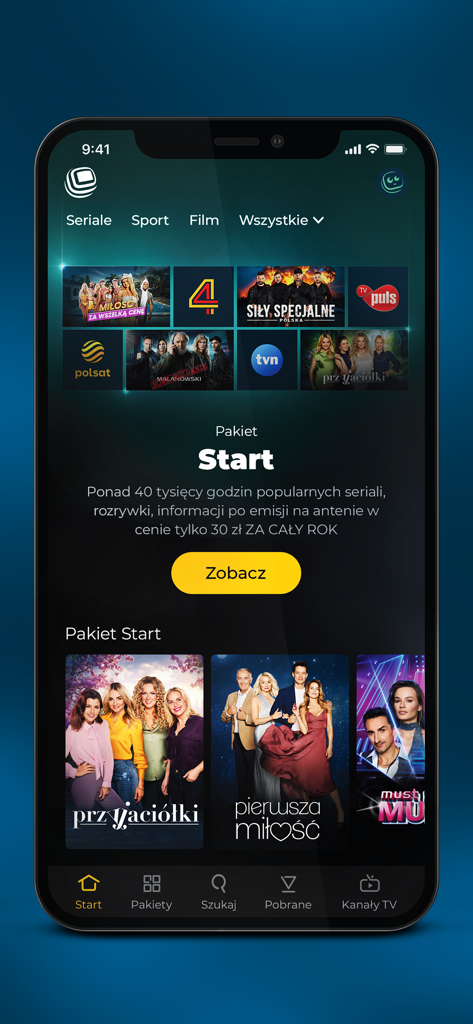 Polsat Box Go mobile App Startbildschirm, der das Start-Paket mit beliebten polnischen Serien und Live-TV-Kanälen zeigt.