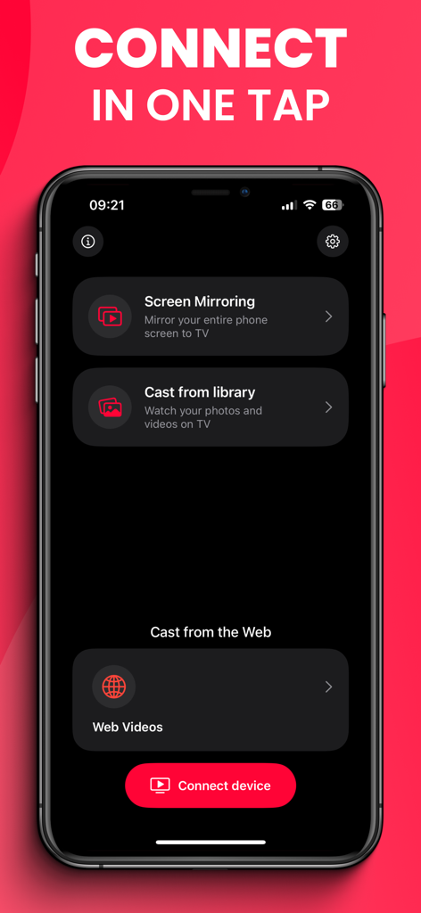 AllCast Screen Mirroring to TV - Main screen of AllCast app featuring screen mirroring and web video options