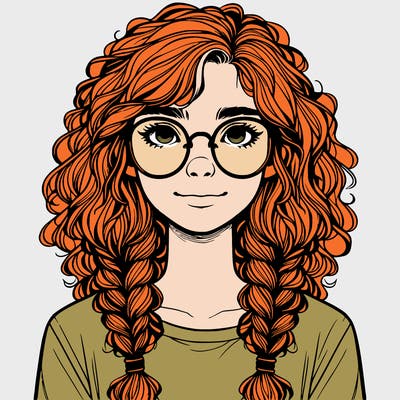 realistic girl with glasses and frizzy hair in braids