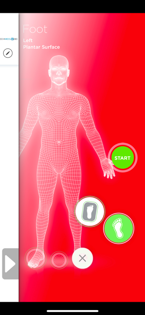 DOLA Orthotics 3D Scanner - Interface of the DOLA Orthotics app showing a 3D wireframe body and foot scanning controls