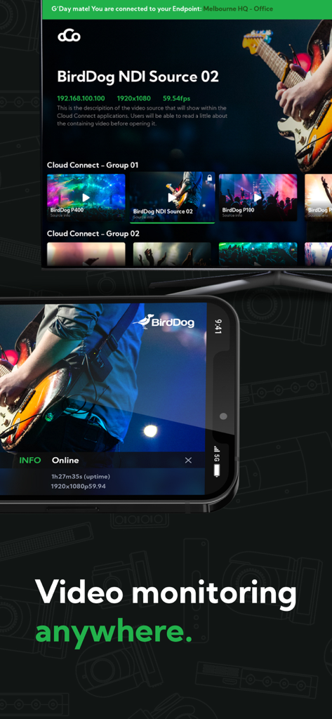 BirdDog Cloud Connect - BirdDog Cloud Connect interface displaying live video monitoring on a television and a smartphone